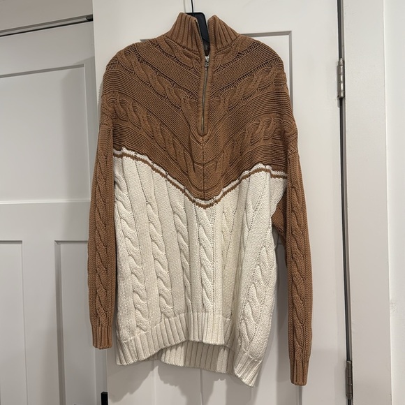 Staud Brown Hampton Sweater, Brown and White Knit Quarter Zip, Size Small - Picture 4 of 6